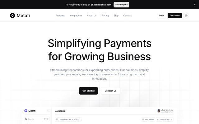 Metafi - React & Next.js website template by Shadcnblocks.com