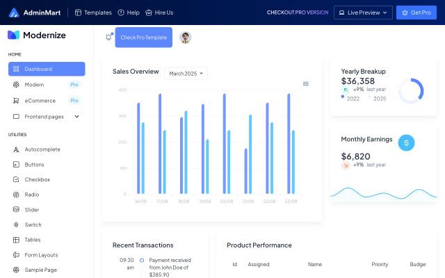 Modernize Free React MUI Dashboard - free React & Next.js website template by AdminMart