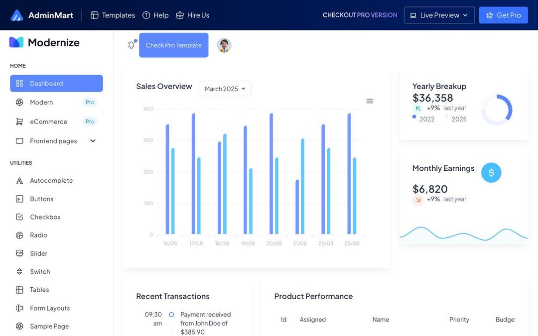 Modernize Free React MUI Dashboard preview