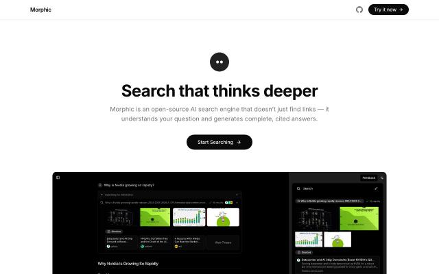 Morphic: AI-powered answer engine - free React & Next.js website template by 21st Indexer