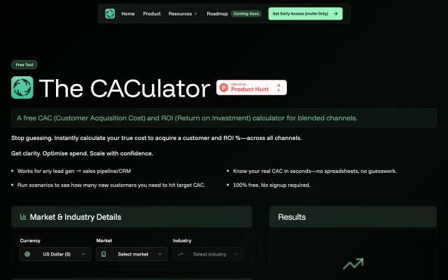 The CACulator: CAC & ROI Benchmarking Tool - free React & Next.js website template by 21st Indexer