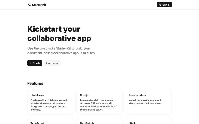 Liveblocks Starter Kit - free React & Next.js website template by 21st Indexer